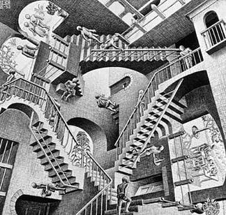 M. C. Escher, Relativity (1953) — a lithograph of staircases and figures oriented to three different gravitational directions.